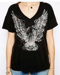 ChicNova Eagle Print V Neck Black T Shirt