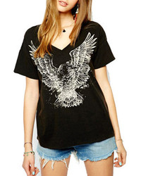 ChicNova Eagle Print V Neck Black T Shirt