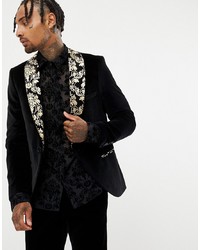 Twisted Tailor Super Skinny Velvet Blazer With Wide Printed Lapel