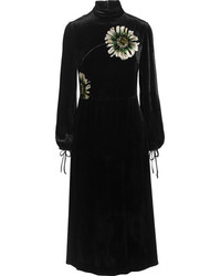 Black Print Velvet Midi Dress
