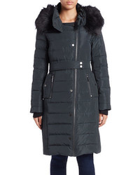 French Connection Asymmetrical Zip Faux Fur Trimmed Puffer Coat