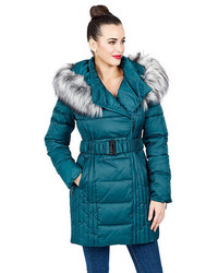 Betsey Johnson Belted Faux Fur Trimmed Puffer Coat