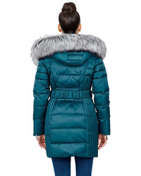 Betsey Johnson Belted Faux Fur Trimmed Puffer Coat