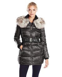 Betsey Johnson Long Puffer Coat With Faux Fur And Belt