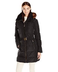 Calvin Klein Down Belted Puffer Long Coat With Faux Fur Trimmed Hood