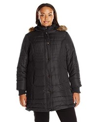 Details Plus Size Mid Length Puffer Coat With Faux Fur Trimmed Hood