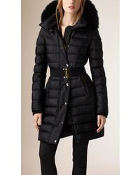 Burberry Down Filled Sateen Puffer With Fur Trimmed Hood