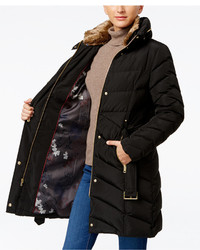 Cole Haan Faux Fur Collar Belted Down Puffer Coat