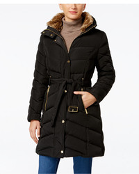 Cole Haan Faux Fur Collar Belted Down Puffer Coat