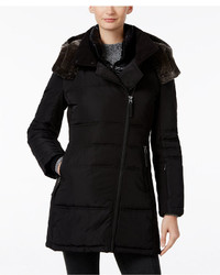 Calvin Klein Faux Fur Trim Asymmetrical Water Resistant Puffer Coat