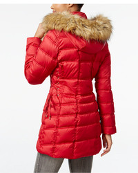 Betsey Johnson Faux Fur Trim Hooded Lace Up Puffer Coat