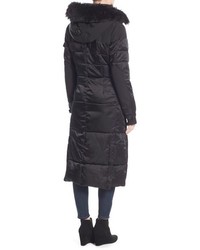 Nanette Lepore Faux Fur Trim Quilted Mixed Media Maxi Coat With Removable Hood Inset Bib