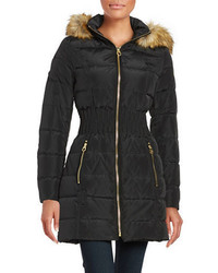 Laundry by Shelli Segal Faux Fur Trimmed Hooded Mid Length Puffer Coat