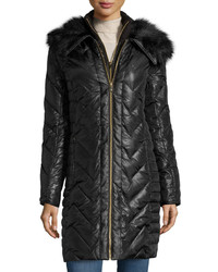 Via Spiga Long Chevron Quilted Puffer Coat Wfaux Fur Collar And Faux Leather Trim Black