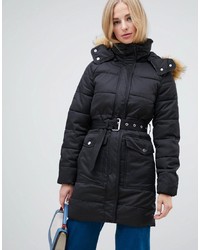 Warehouse Longline Padded Coat With Faux In Black