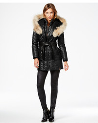 Rudsak Sofia Coyote Fur Trim Leather Belt Puffer Coat