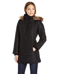 Weathertamer Mid Length Puffer Coat With Faux Fur Trimmed Hood