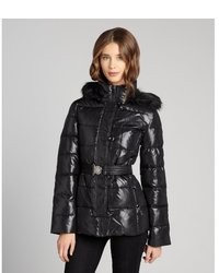 DKNY Black Quilted Puffer Belted Faux Fur Trim Hooded Coat