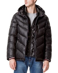 Tommy Hilfiger Chevron Hooded Puffer Jacket In Black At Nordstrom