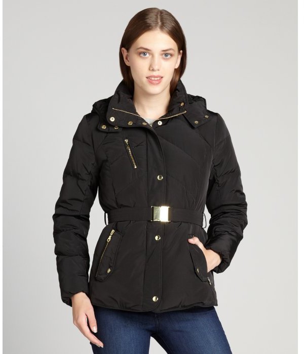 Cole Haan Black Quilted Down Filled Belted Short Puffer Coat | Where to ...