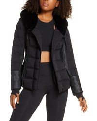 Blanc Noir Hooded Moto Puffer Jacket With Faux