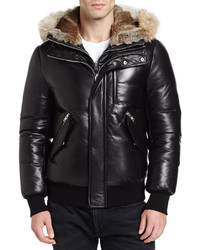 Mackage Leather Down Bomber Jacket Wcoyote Rabbit Fur Trim Black