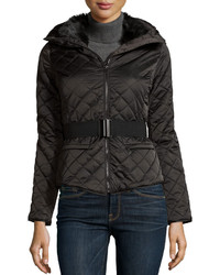 Love Token Puffer Jacket With Faux Fur Collar Black