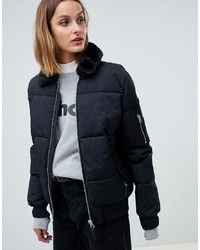 Schott Padded Jacket With Hood Lining And Faux Fur Collar