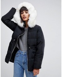 ASOS DESIGN Puffer Jacket With Waist Detail And Faux Fur Hood