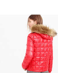 Short Quilted Puffer Jacket With Faux Fur Hood