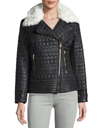 Via Spiga Quilted Moto Jacket With Faux Fur Collar Black