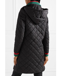 Gucci Hooded Grosgrain Trimmed Quilted Shell Coat Black