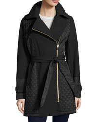 Via Spiga Quilted Panel Asymmetric Zip Coat W Removable Hood Black