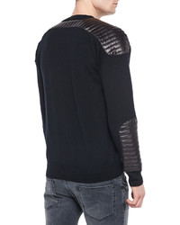 Balmain Pierre Crewneck Sweater With Quilted Leather Details Black