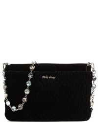 Miu Miu Crystal Strap Quilted Velvet Shoulder Bag Black