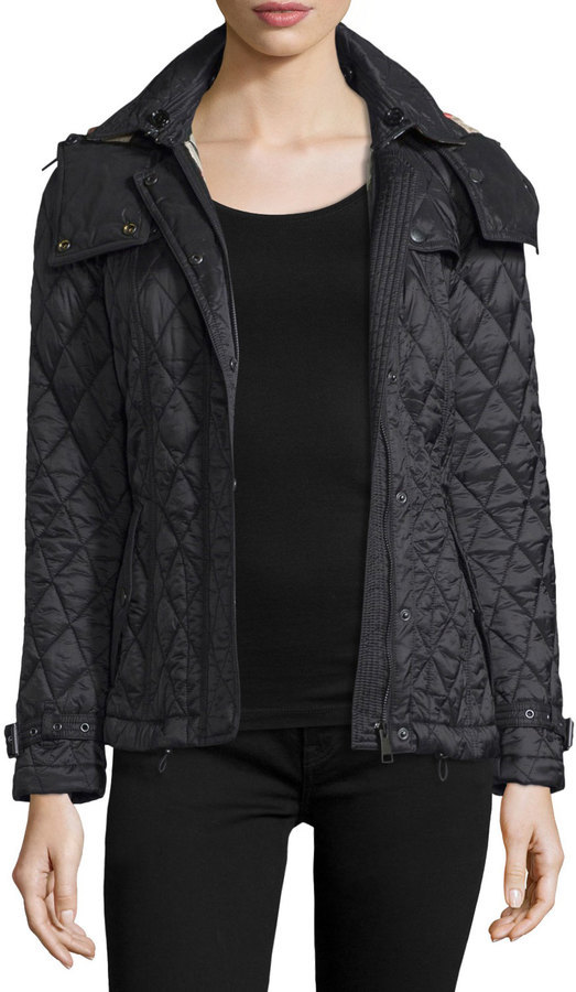 Burberry Finsbridge Hooded Quilted Short Jacket Black, $695 | Neiman Marcus  | Lookastic