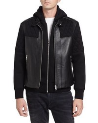 Neil Barrett Quilted Leather Trim Double Layer Hooded Jacket Black