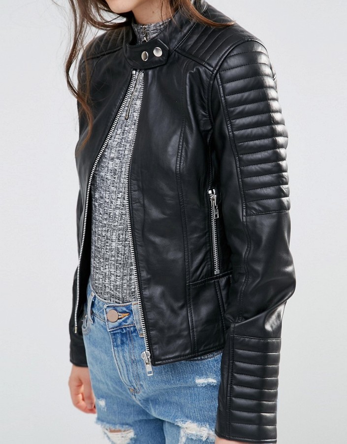 barney's originals leather biker jacket with shoulder quilting detail