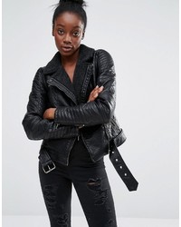 Only Bonded Faux Leather Biker Jacket With Lining