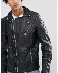 Goosecraft Leather Biker Jacket In Black With Chest Pocket