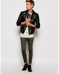 Selected Homme Leather Biker Jacket With Asymmetric Zip