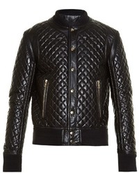 Black Quilted Leather Bomber Jacket