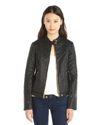 Kensie Black Quilted Faux Leather Moto Jacket