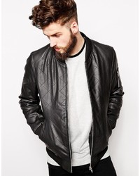 Asos Brand Leather Quilted Bomber Jacket