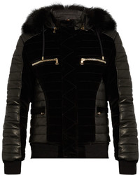 Balmain Fur Trim Quilted Velvet And Leather Bomber Jacket