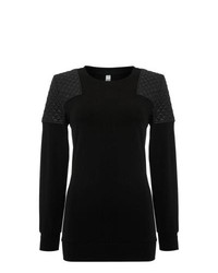 Black Quilted Leather Crew-neck Sweater