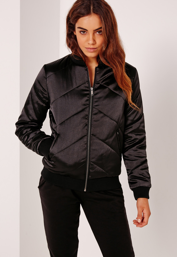 Missguided Satin Quilted Bomber Jacket Black, $63 | Missguided | Lookastic