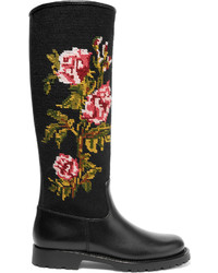 Saint Laurent Leather And Embroidered Canvas Rain Boots Black
