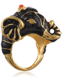 Kenneth Jay Lane Polished Gold And Cornelian Head Black Elephant Adjustable Ring