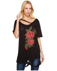 Brigitte Bailey Darcey Rose Patch Distressed Top With Neck Cut Out Clothing